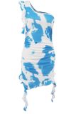 One SHoulder Tie Dye Printed Ruffle Dress 