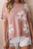 Light Pink Pearled Flower Distressed Edge Sweater T Shirt