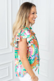 Green Frilly Ruffle Tie Split Neck Summer Floral Blouse