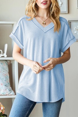 Ribbed Knitting V Neck Stitching Outside Top 