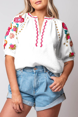 White Floral Embroidered Ricrac Puff Sleeve Textured Blouse