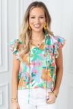 Green Frilly Ruffle Tie Split Neck Summer Floral Blouse