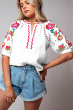 White Floral Embroidered Ricrac Puff Sleeve Textured Blouse
