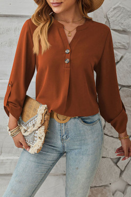 Plain V Neck Buttoned Blouse