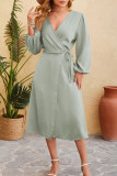 Plain Wrap V Neck Side Sash Split Dress