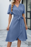 Plain Wrap V Neck Side Sash Dress