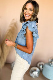 Dusk Blue Plus Size Ruffled Sleeve Button Up Frayed Denim Top