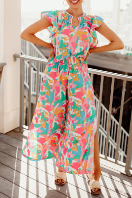 Pink Floral Ruffled Sleeve Top Smocked Wide Leg Pants Set