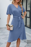 Plain Wrap V Neck Side Sash Dress