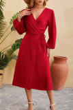 Plain Wrap V Neck Side Sash Split Dress