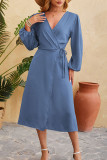 Plain Wrap V Neck Side Sash Split Dress