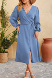 Plain Wrap V Neck Side Sash Split Dress