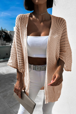 Khaki Hollow-out Bracelet Sleeve Knit Cardigan