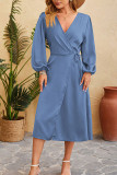 Plain Wrap V Neck Side Sash Split Dress