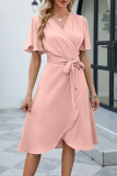 Plain Wrap V Neck Side Sash Dress