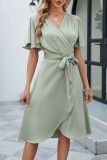 Plain Wrap V Neck Side Sash Dress