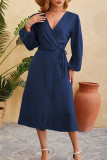 Plain Wrap V Neck Side Sash Split Dress