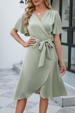 Plain Wrap V Neck Side Sash Dress