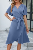 Plain Wrap V Neck Side Sash Dress