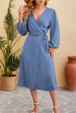 Plain Wrap V Neck Side Sash Split Dress