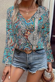 V Neck Long Sleeves Paisley Printed Top 