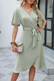 Plain Wrap V Neck Side Sash Dress