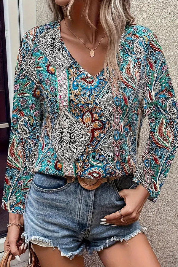 V Neck Long Sleeves Paisley Printed Top 