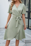 Plain Wrap V Neck Side Sash Dress