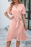 Plain Wrap V Neck Side Sash Dress