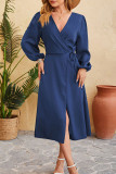 Plain Wrap V Neck Side Sash Split Dress