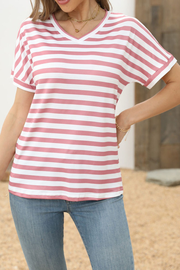 Red Stripes V Neck SHort Sleeves Top