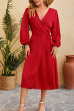 Plain Wrap V Neck Side Sash Split Dress