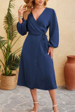 Plain Wrap V Neck Side Sash Split Dress