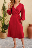 Plain Wrap V Neck Side Sash Split Dress