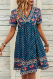 V Neck Boho Print Babydoll Dress