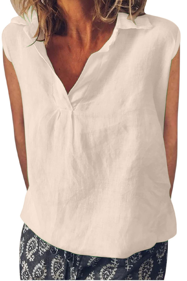 Linen Sleeveless V Neck Plain Top 