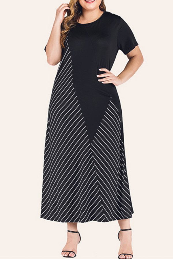 Black Splicing Stripe Plus Size Dress