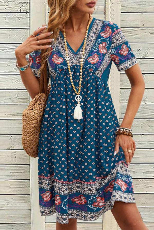 V Neck Boho Print Babydoll Dress