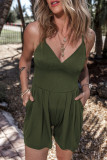 Moss Green Spaghetti Straps Cinched Waist Ribbed Romper