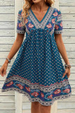 V Neck Boho Print Babydoll Dress