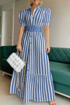 Blue Stripe Buttoned Puff Maxi Dress