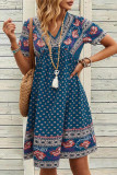 V Neck Boho Print Babydoll Dress