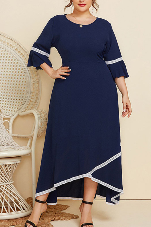 Navy Lace Tape Splicing Irregular Length Plus Size Dress