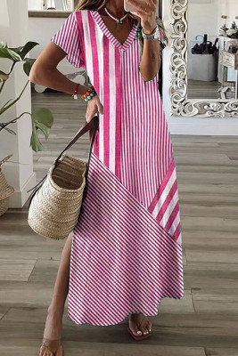 V Neck Stripe On Stripe Maxi Dress