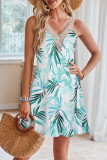 V Neck Sleeveless Beach Palm Printed Dress 