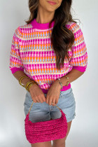 Red Striped Knitted Short Sleeve Sweater Top