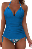 V Neck Ruched Halter Tankini Set