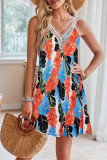 V Neck Sleeveless Beach Palm Printed Dress 