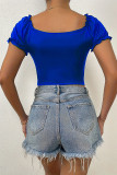 Plain Square Neck Puff Ruched Crop Top