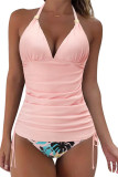 V Neck Ruched Halter Tankini Set